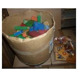 Large can of vintage wood blocks, letters and can of tinkertoys