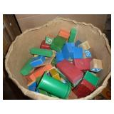 Large can of vintage wood blocks, letters and can of tinkertoys