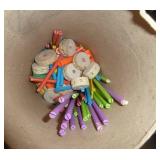 Large can of vintage wood blocks, letters and can of tinkertoys