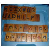 Large can of vintage wood blocks, letters and can of tinkertoys