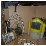 Old fishing items, box of heavy weighted hooks, net and minnow bucket, lures.  The bottom left red and white lure is an old wood one.