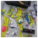Lot of Fishing Tackle  with Spoons, Plastic Bait, Fish Fillet Knife