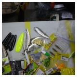 Lot of Fishing Tackle  with Spoons, Plastic Bait, Fish Fillet Knife
