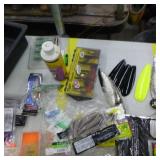 Lot of Fishing Tackle  with Spoons, Plastic Bait, Fish Fillet Knife