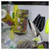 Lot of Fishing Tackle  with Spoons, Plastic Bait, Fish Fillet Knife