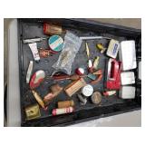 Lot of Vintage Fishing Tackle  with Lures, Hooks, Lazy Ike, Oil, Pocket Knife, Split Shot, Stapler, Containers, and more