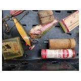 Lot of Vintage Fishing Tackle  with Lures, Hooks, Lazy Ike, Oil, Pocket Knife, Split Shot, Stapler, Containers, and more