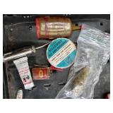 Lot of Vintage Fishing Tackle  with Lures, Hooks, Lazy Ike, Oil, Pocket Knife, Split Shot, Stapler, Containers, and more