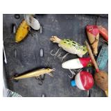 Lot of Vintage Fishing Tackle  with Lures, Hooks, Lazy Ike, Oil, Pocket Knife, Split Shot, Stapler, Containers, and more