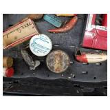 Lot of Vintage Fishing Tackle  with Lures, Hooks, Lazy Ike, Oil, Pocket Knife, Split Shot, Stapler, Containers, and more