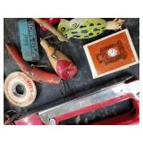 Lot of Vintage Fishing Tackle  with Lures, Hooks, Lazy Ike, Oil, Pocket Knife, Split Shot, Stapler, Containers, and more