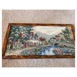 Vintage Embroidered Cottage River Scene Framed Art