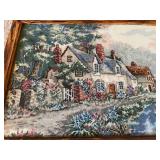 Vintage Embroidered Cottage River Scene Framed Art