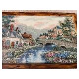 Vintage Embroidered Cottage River Scene Framed Art