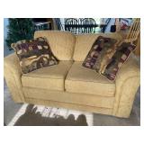 Tan Couch w/ Decorative Throw Pillows