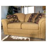 Tan Couch w/ Decorative Throw Pillows