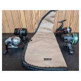 Lot of (4) Vintage Fishing Reels and Storage Case