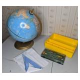 Mixed Lot of School Supplies - Vintage Helix Drawing Set, Globe w/ Stand, Yellow Storage Tray, & Set of (2) Triangle Rulers