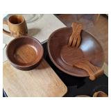 Amazing Lot of Wooden Tableware - Salad Bowl w/ Tong Set & (4) Bowls, Serving Bowls, Carved Mug, Serving Tray, & Cutting Board