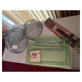 (3) Mesh Food Covers, Green Serving Tray, Smart Cooking 4 in 1 Stainless Steel Spatula, (2) Sets of Skewers, Vintage Smurf Napkins
