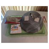 (3) Mesh Food Covers, Green Serving Tray, Smart Cooking 4 in 1 Stainless Steel Spatula, (2) Sets of Skewers, Vintage Smurf Napkins