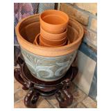 Beautiful Large Terracotta Pot w/Wooden Stand, (7) Terracotta Pots