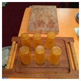 (6) Vintage Plastic Cups, Solid Wood Cutting Board, Large Wooden Tray w/ Cork Handles