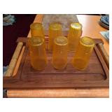 (6) Vintage Plastic Cups, Solid Wood Cutting Board, Large Wooden Tray w/ Cork Handles