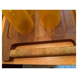 (6) Vintage Plastic Cups, Solid Wood Cutting Board, Large Wooden Tray w/ Cork Handles