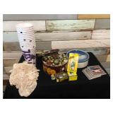 Viking tumblers, fuses, tins, American flag coasters, doilies