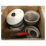 Enamel pans, canning colander
