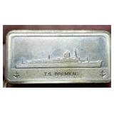 1000 grains (2.08 Oz) STERLING SILVER (92.5%) TS BREMEN ART BAR