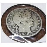 1908 BARBER SILVER HALF DOLLAR