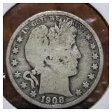 1908 BARBER SILVER HALF DOLLAR