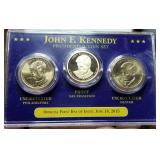 US PRESIDENTIAL DOLLAR 3 COIN SET WITH PROOF JFK SERIES
