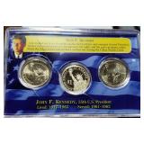 US PRESIDENTIAL DOLLAR 3 COIN SET WITH PROOF JFK SERIES