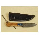 Damascus Steel Fixed Blade Hunting Knife with Leather Sheath
