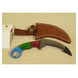 Damascus Steel Karambit Style Fixed Blade Knife with Leather Sheath