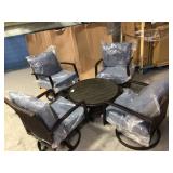 Whitfield Dark Brown 5-Piece Wicker Outdoor Patio Motion Conversation Set with CushionGuard Steel Blue Cushions by Hampton Bay (chairs have damage) review all pictures