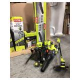 Pallet of assorted Ryobi Lawn Care equipment items (such as string trimmers. chainsaws, Blowers) conditions unknown, review all pictures