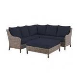 Windsor 4-Piece Brown Wicker Outdoor Patio Sectional Sofa with Ottoman and CushionGuard Midnight Navy Blue Cushions by Hampton Bay (see all pictures)