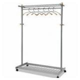 Alba™ Lux Garment Rack, Two-Sided, 2-Shelf Coat Rack, 6 Hanger/6 Hook, Silver Steel/Wood