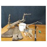 Lot of Fishing Tackle, Ice Fishing Rods, Leather Gun Holster and Driftwood