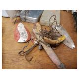 Lot of Fishing Tackle, Ice Fishing Rods, Leather Gun Holster and Driftwood