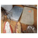 Lot of Fishing Tackle, Ice Fishing Rods, Leather Gun Holster and Driftwood