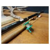 Lot of Fishing Tackle, Ice Fishing Rods, Leather Gun Holster and Driftwood