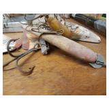 Lot of Fishing Tackle, Ice Fishing Rods, Leather Gun Holster and Driftwood