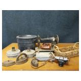 Canning Pot, Antique Irons and Lamps, Camera and More