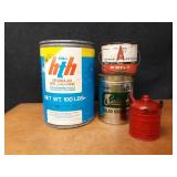 Lot of Vintage Advertising Cans and Old Steel Fuel Can