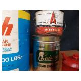 Lot of Vintage Advertising Cans and Old Steel Fuel Can